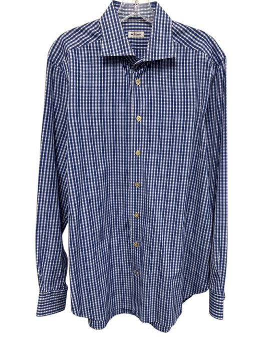 Kiton Size 16.5 Blue & White Cotton Plaid Button Down Men's Long Sleeve Shirt Blue & White / 16.5