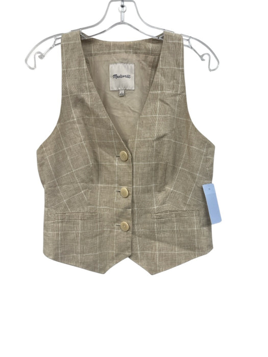 Madewell Size 4 Beige & Cream Linen & Cotton Plaid Sleeveless Button Front Top Beige & Cream / 4