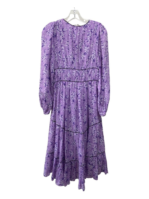 Ulla Johnson Size 4 Purple Cotton & Silk V Neck Tiered Floral Long Sleeve Dress Purple / 4