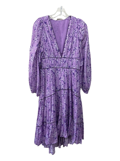 Ulla Johnson Size 4 Purple Cotton & Silk V Neck Tiered Floral Long Sleeve Dress Purple / 4