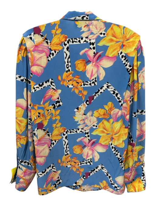 Mayle Size 2 Blue, Yellow, Pink Silk Long Sleeve Floral Button Front Collar Top Blue, Yellow, Pink / 2