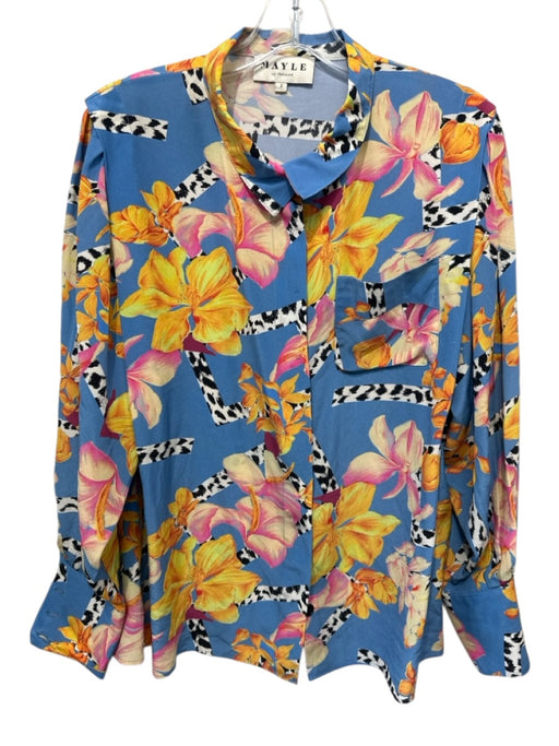 Mayle Size 2 Blue, Yellow, Pink Silk Long Sleeve Floral Button Front Collar Top Blue, Yellow, Pink / 2