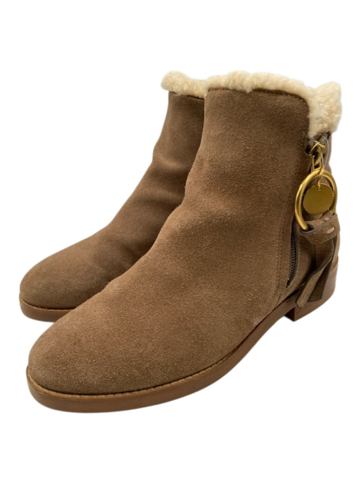 See By Chloe Shoe Size 37 Taupe Brown & Cream Print Suede O Ring Ankle Booties Taupe Brown & Cream Print / 37