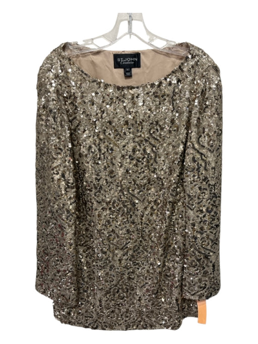 St John Couture Size 12 Gold Rayon Blend Sequins Long Sleeve Wide Neck Dress Gold / 12