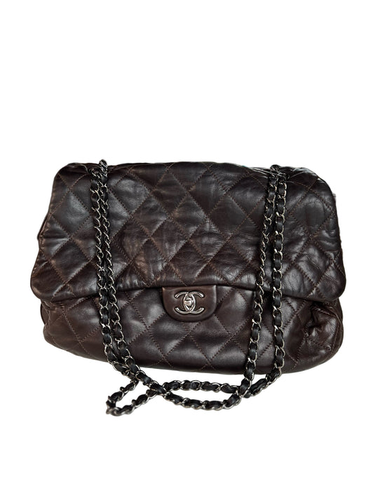 Chanel Brown Lambskin Quilted Acordian Shoulder Chain Logo Closure Bag