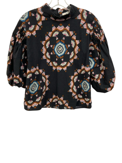 Sea New York Size XS Navy Cotton Blend Puff Sleeves Printed Zip Back Top Navy / XS