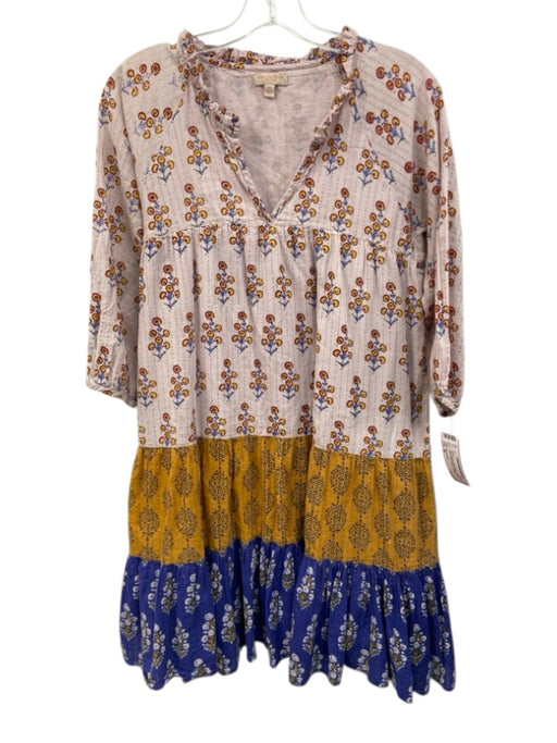 Pink Chicken Size XS Pink, Orange & blue Cotton V Neck Gold Thread Printed Dress Pink, Orange & blue / XS