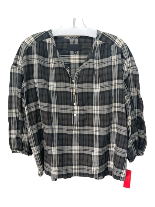 Nili Lotan Size XS Green, Cream, Black Cotton & Polyester 3/4 Puff Sleeve Top Green, Cream, Black / XS