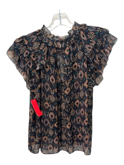 Ulla Johnson Size 4 Navy Blue & Brown Silk Ruffle Cap Sleeve Abstract Print Top Navy Blue & Brown / 4