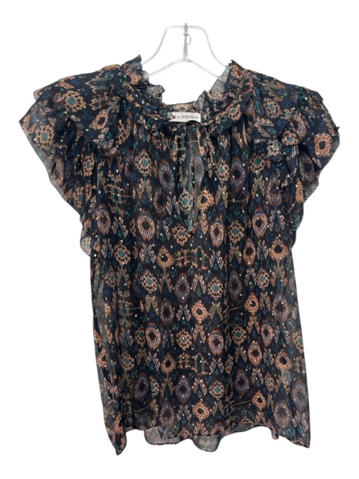 Ulla Johnson Size 4 Navy Blue & Brown Silk Ruffle Cap Sleeve Abstract Print Top Navy Blue & Brown / 4