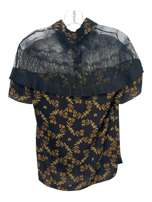 Sandro Size S Black & Yellow Viscose Short Sleeve Floral & Butterfly Lace Top Black & Yellow / S