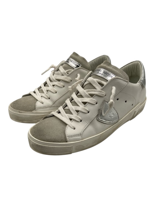Philippe Model Shoe Size 38 White & Silver Leather Suede lace up Logo Sneakers White & Silver / 38