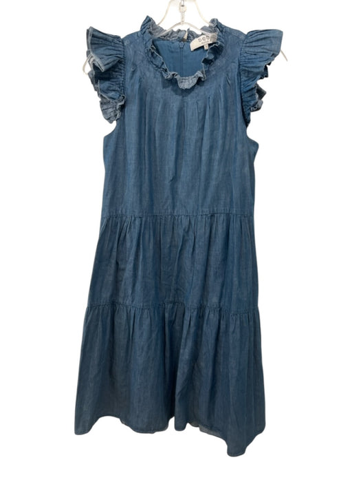 Sea New York Size 4 Medium Wash Cotton Ruffle Cap Sleeve Tiered Mock Neck Dress Medium Wash / 4
