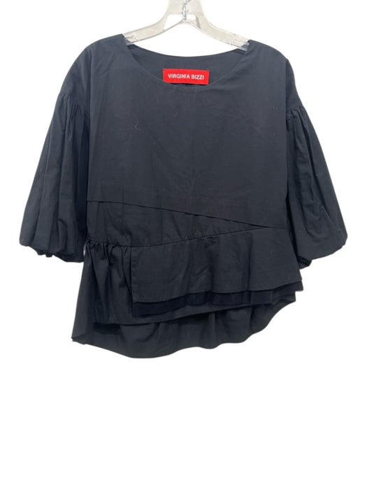 Virginia Bizzi Size 40 Black Cotton Long Sleeve Bubble Sleeve Mesh Tiered Top Black / 40