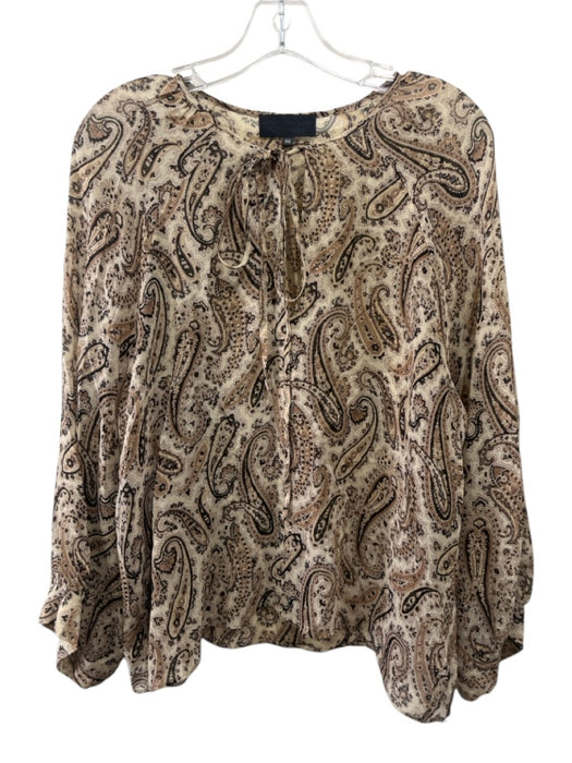 Nili Lotan Size XS Brown & Black Silk Long Sleeve Paisley Tie Neck Sheer Top Brown & Black / XS
