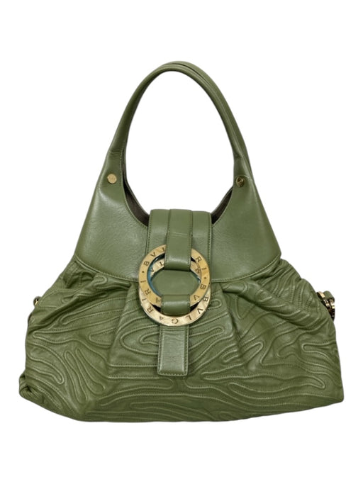 Bvlgari Green & Gold Leather Wavy Lines Two Handles Magnetic Close Bag Green & Gold / Medium