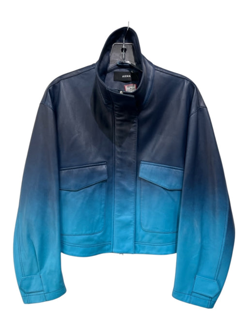 Arma Size 6 Navy Blue & Blue Leather Zip & Snaps Ombre Flap Pockets Jacket Navy Blue & Blue / 6