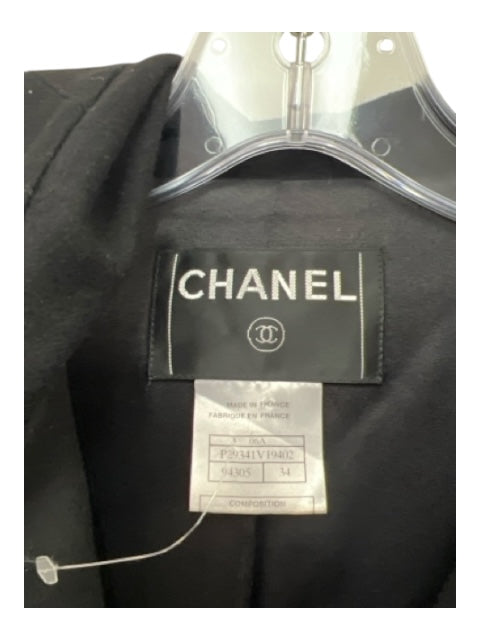 Chanel Size 34 Black Wool Toggle Buttons Hood Silk Lined Coat Black / 34