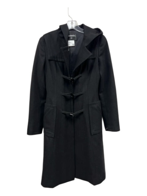 Chanel Size 34 Black Wool Toggle Buttons Hood Silk Lined Coat Black / 34