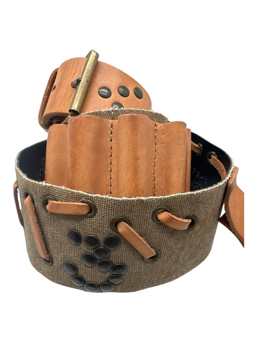 Aridza Bross Brown & Gray Leather Grommet Detail Bronze Hardware Canvas Belts Brown & Gray / S/M