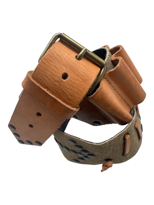 Aridza Bross Brown & Gray Leather Grommet Detail Bronze Hardware Canvas Belts Brown & Gray / S/M