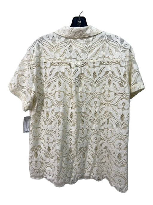 Maeve Size M Cream White Cotton Blend Lace Collared Button Up Short Sleeve Top Cream White / M