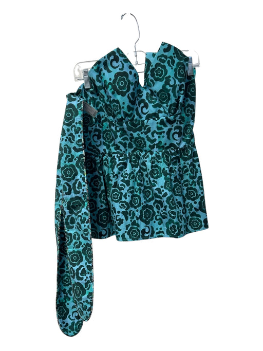 De Loreta Size M Teal & Green Cotton Strapless Back Zip Boned Floral Top Teal & Green / M