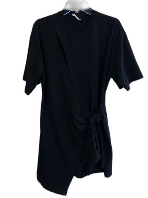 Simkhai Size L Black Cotton Blend Short Sleeve Wrap Round Neck Tie Front Dress Black / L