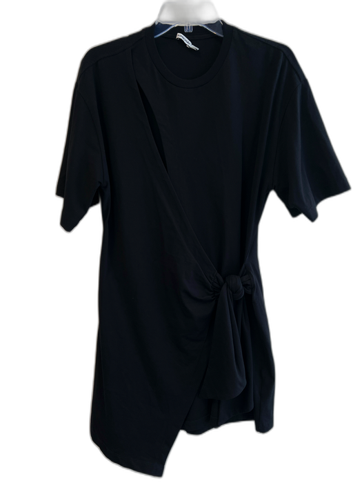 Simkhai Size L Black Cotton Blend Short Sleeve Wrap Round Neck Tie Front Dress Black / L