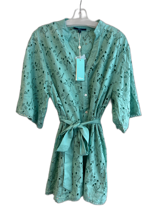 Shore Size L Green Cotton Eyelet Lace Collared Button Up Short Sleeve Dress Green / L
