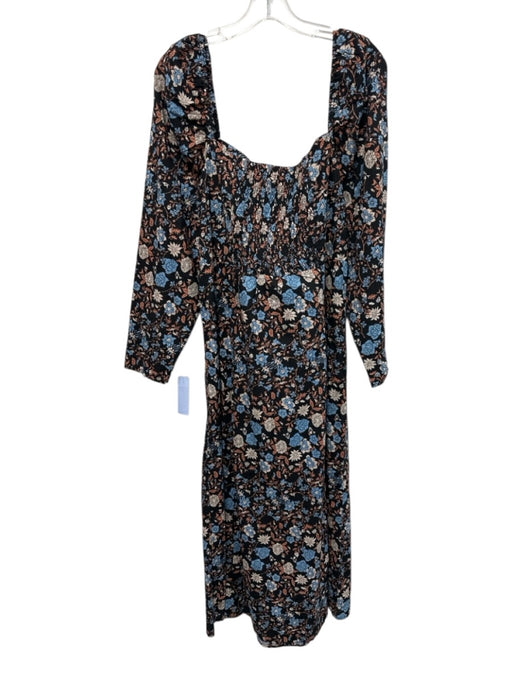 Ro's Garden Size XL Black & Multi Cotton Floral Square Neck Long Sleeve Dress Black & Multi / XL