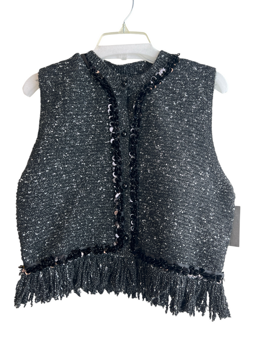 Zara Size Large Black & Silver Polyester Blend Spangles Round Neck Fringe Vest Black & Silver / Large