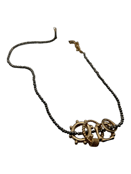 No Brand Gray & Gold Beads Metal Lobster Clasp 4 rings Necklace Gray & Gold