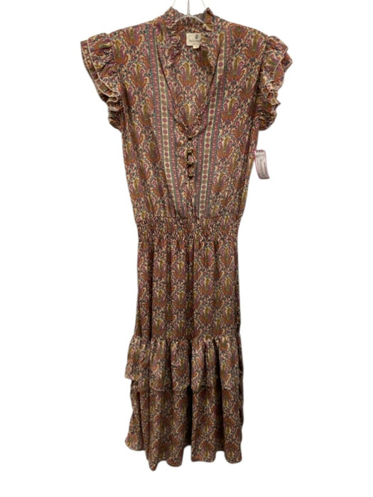 Perry Walker Size 1 Beige & Multi Silk Blend Paisley Print V Neck Dress Beige & Multi / 1