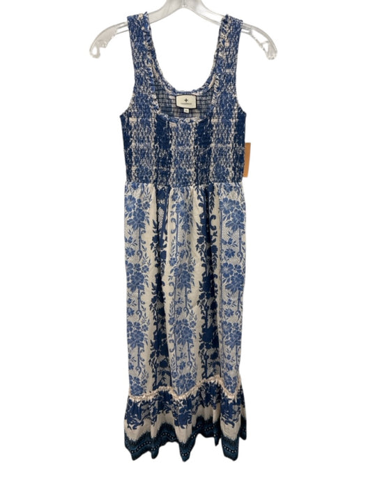 Tuckernuck Size XS Blue & Cream Cotton Sleeveless Floral Print Midi Dress Blue & Cream / XS