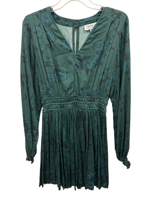 Omika Size S Green, Black, Blue Modal Long Sleeve Floral Print V Neck Mini Dress Green, Black, Blue / S