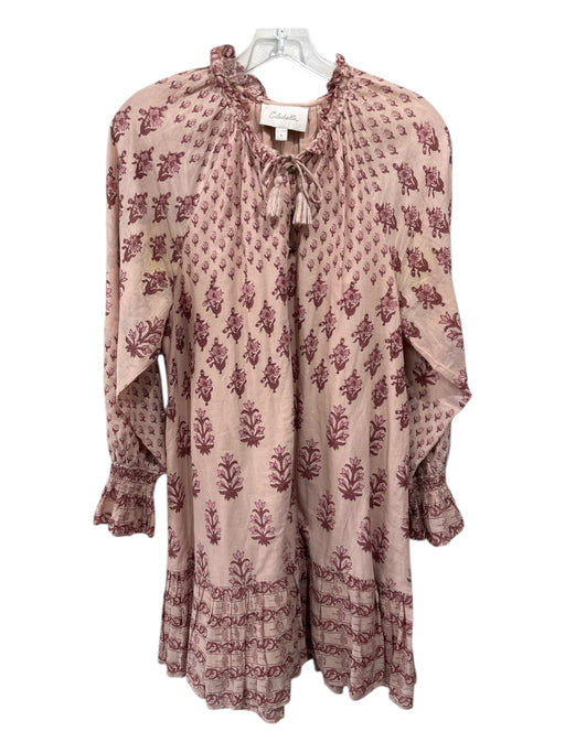 Cleobella Size Small Pink Cotton Long Sleeve Floral Smocked Cuffs Tiered Dress Pink / Small