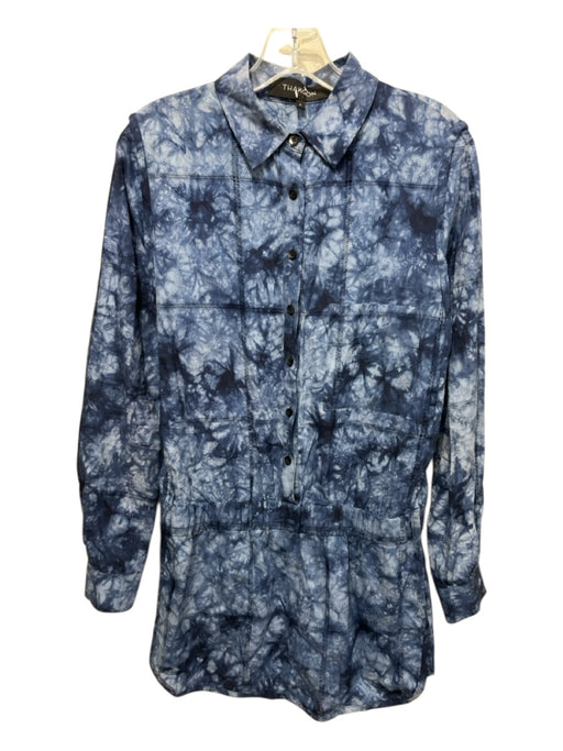 Thakoon Size 6 Light Blue & Navy Cotton Long Sleeve Tie Dye 1/2 Button Dress Light Blue & Navy / 6