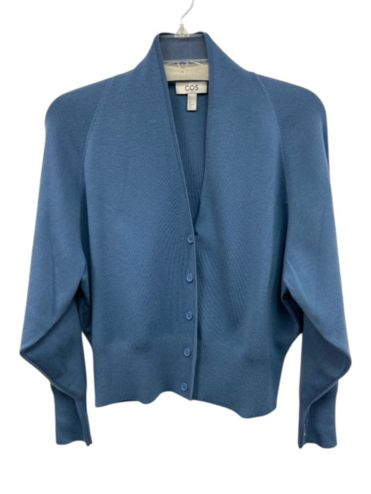 COS Size L Slate Blue Wool Blend V Neck Ribbed Button Up Cardigan Slate Blue / L