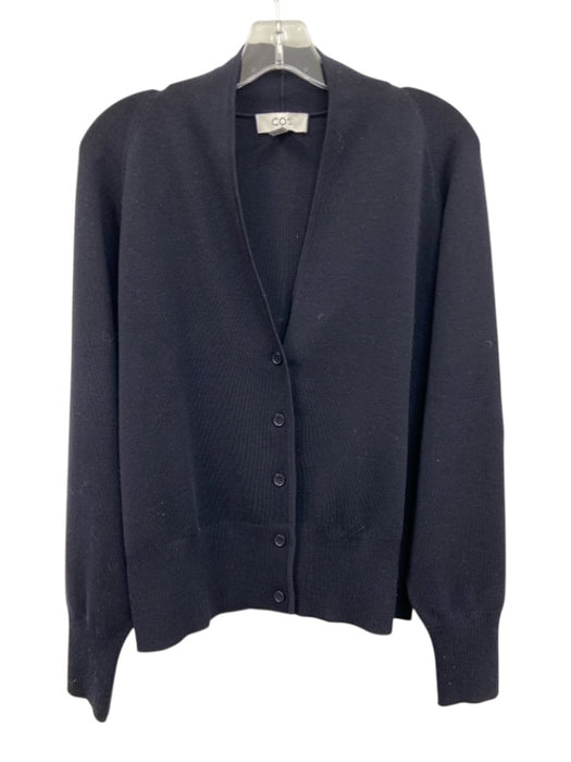 COS Size L Navy Blue Wool Blend V Neck Ribbed Button Up Cardigan Navy Blue / L