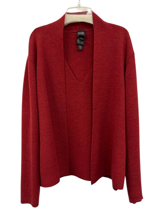 Eileen Fisher Size XL Red Wool Sleeveless Heathered Open Front Sweater Set Red / XL
