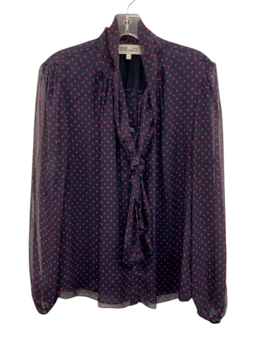 Diane Von Furstenberg Size 14 Navy & Hot Pink Silk Long Sleeve Dotted Top Navy & Hot Pink / 14