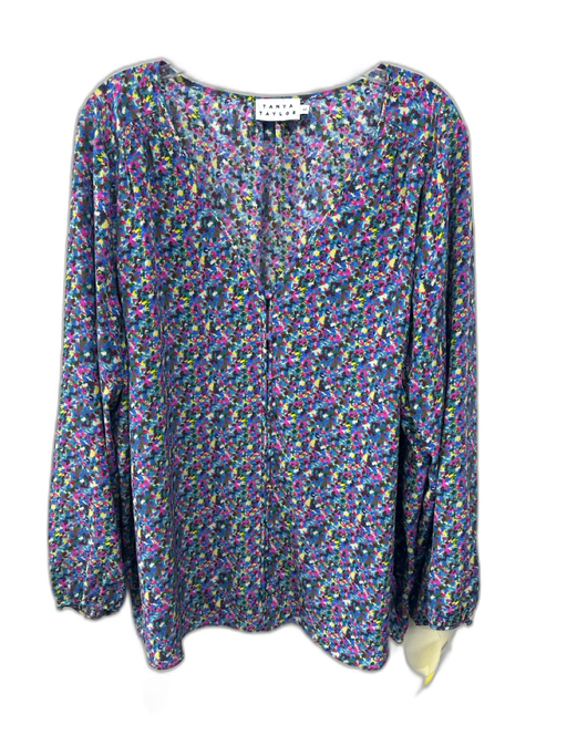 Tanya Taylor Size 22 Blue & Multi Silk V Neck Button Front Printed Top Blue & Multi / 22
