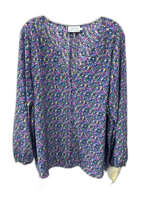 Tanya Taylor Size 22 Blue & Multi Silk V Neck Button Front Printed Top Blue & Multi / 22