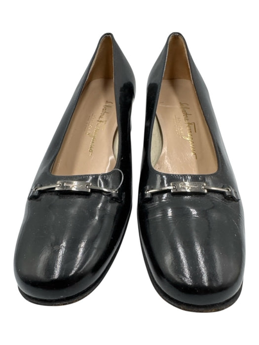 Salvatore Ferragamo Shoe Size 10.5 Black Leather Glossy Block Heel Pumps Black / 10.5