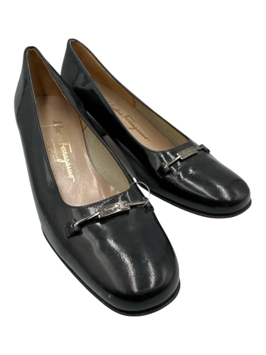 Salvatore Ferragamo Shoe Size 10.5 Black Leather Glossy Block Heel Pumps Black / 10.5