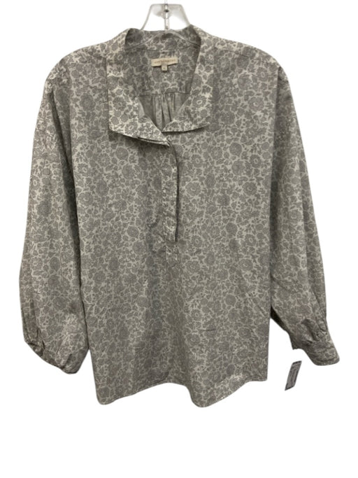 Ann Mashburn Size XL Gray & White Cotton Long Sleeve Floral Half Button Top Gray & White / XL