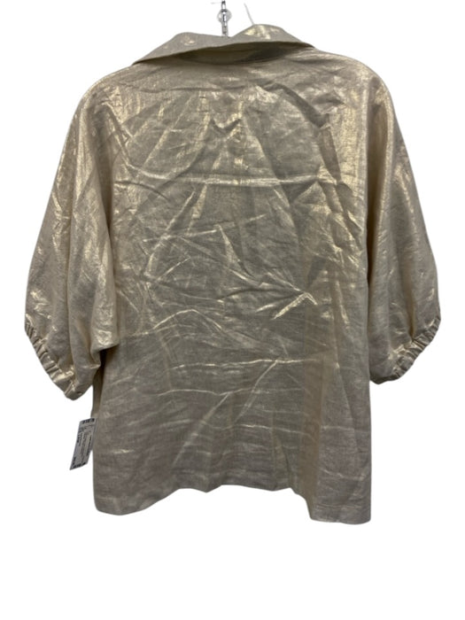 Emily McCarthy Size Large Gold & Beige Linen Short Sleeve Shimmer V Neck Top Gold & Beige / Large