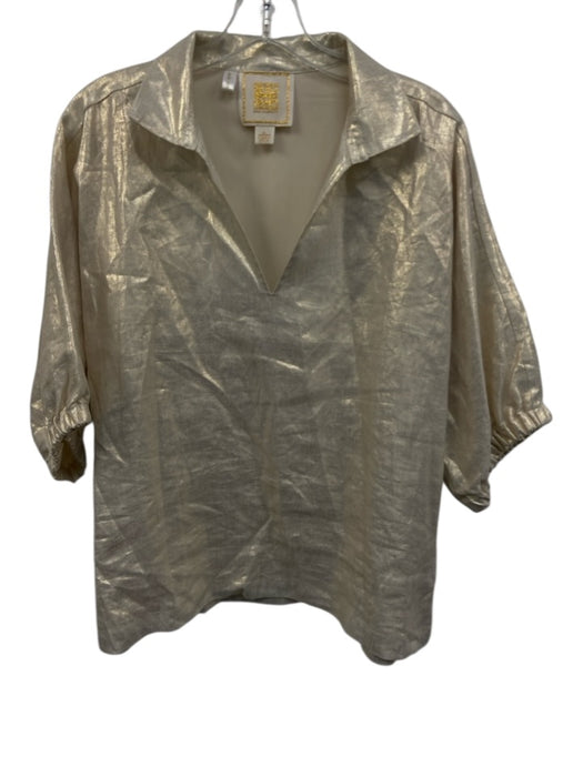 Emily McCarthy Size Large Gold & Beige Linen Short Sleeve Shimmer V Neck Top Gold & Beige / Large