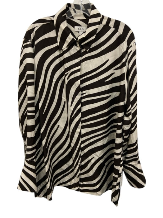 COS Size 44 Brown & White Long Sleeve Animal Print Button Front Satin Top Brown & White / 44